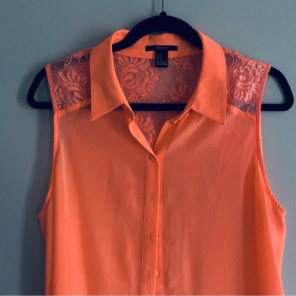 Forever 21 Women's Neon Orange Short Sleeve Shirt Button Up Blouse Top Size L - Picture 2 of 9